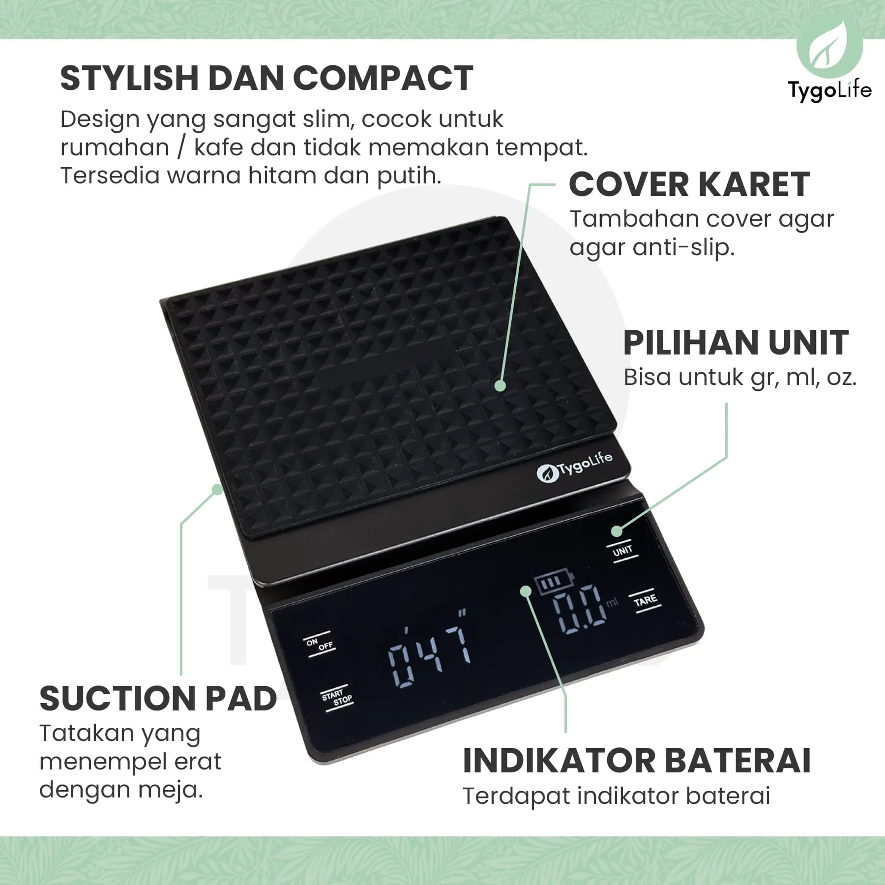 TYGO ONYX DIGITAL COFFEE SCALE WITH TIMER CHARGE CAS TIMBANGAN DIGITAL