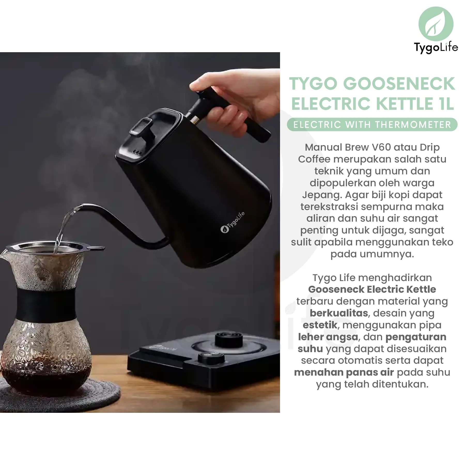 TYGO ELECTRIC GOOSENECK KETTLE 1L TEKO LEHER ANGSA
