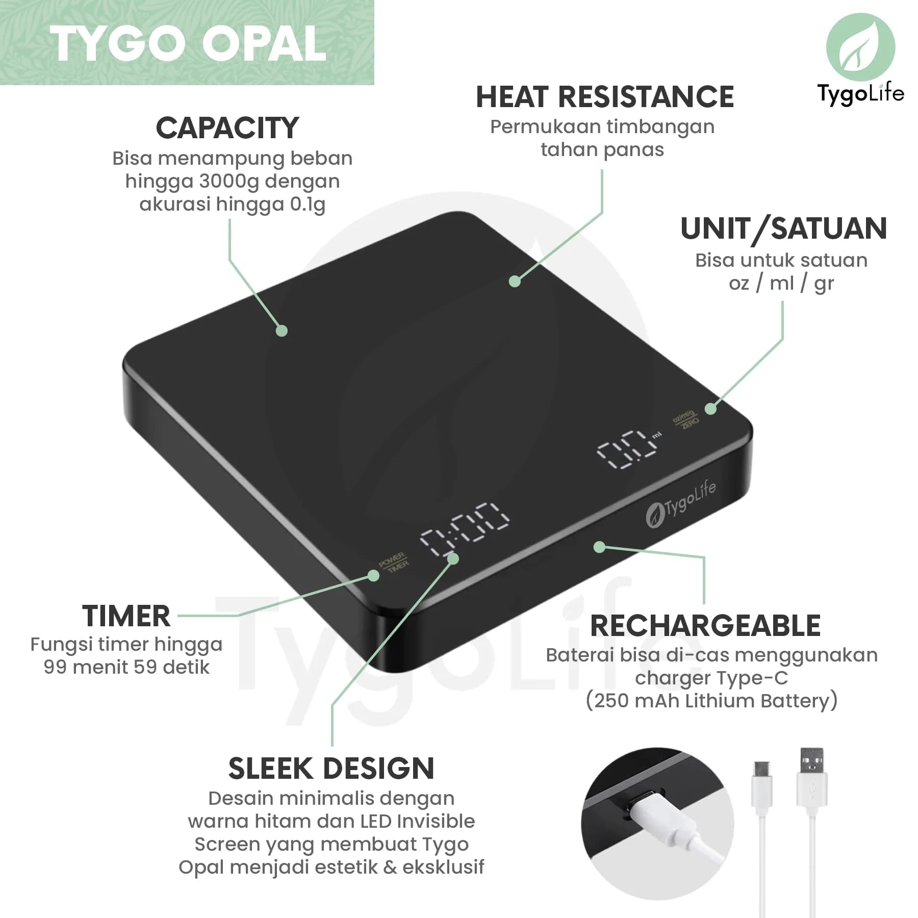 TYGO OPAL DIGITAL COFFEE SCALE WITH TIMER V60 DRIP COFFEE / TIMBANGAN DIGITAL