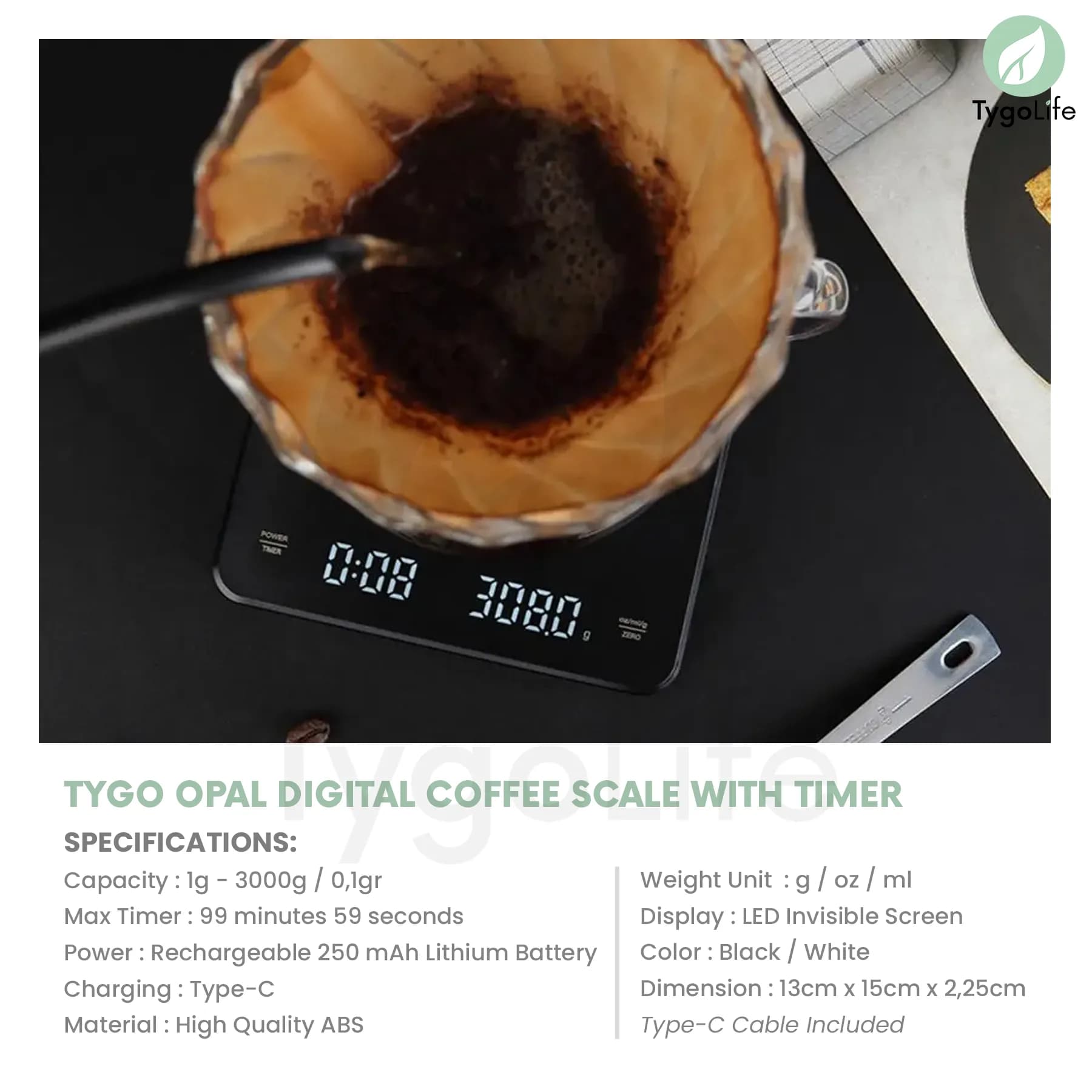 TYGO OPAL DIGITAL COFFEE SCALE WITH TIMER V60 DRIP COFFEE / TIMBANGAN DIGITAL