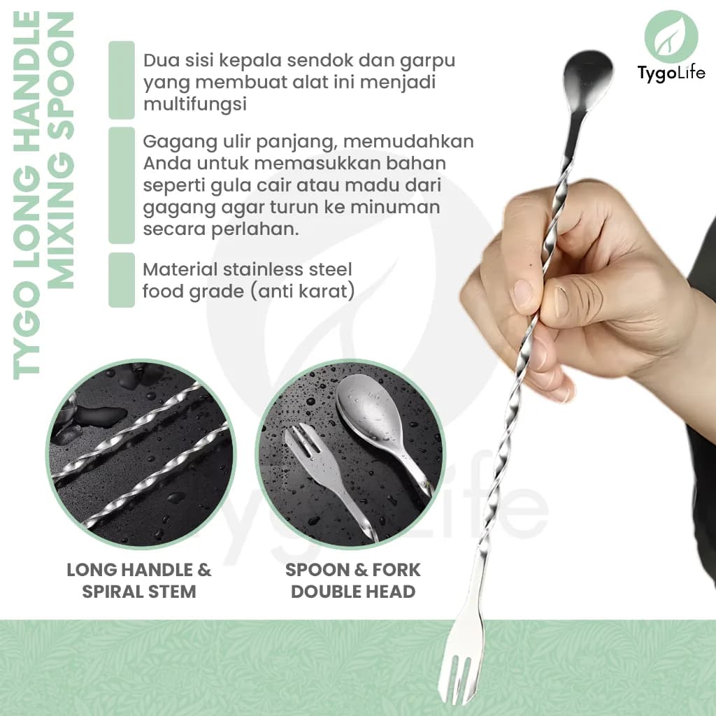 TYGO LONG HANDLE MIXING COCKTAIL SPOON FORK STAINLESS STEEL