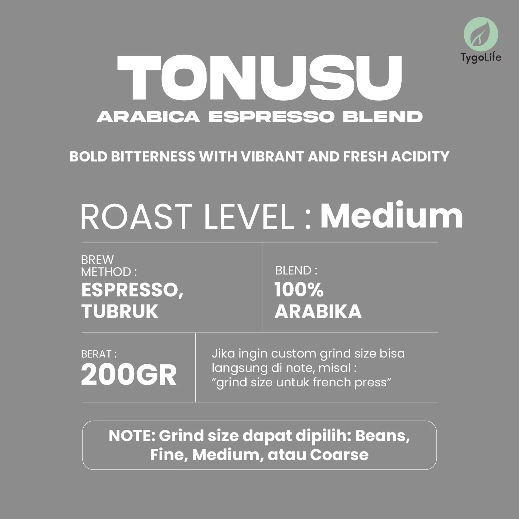 TYGO BEANS TONUSU BIJI KOPI 200GR 100% BIJI KOPI ARABIKA LOKAL