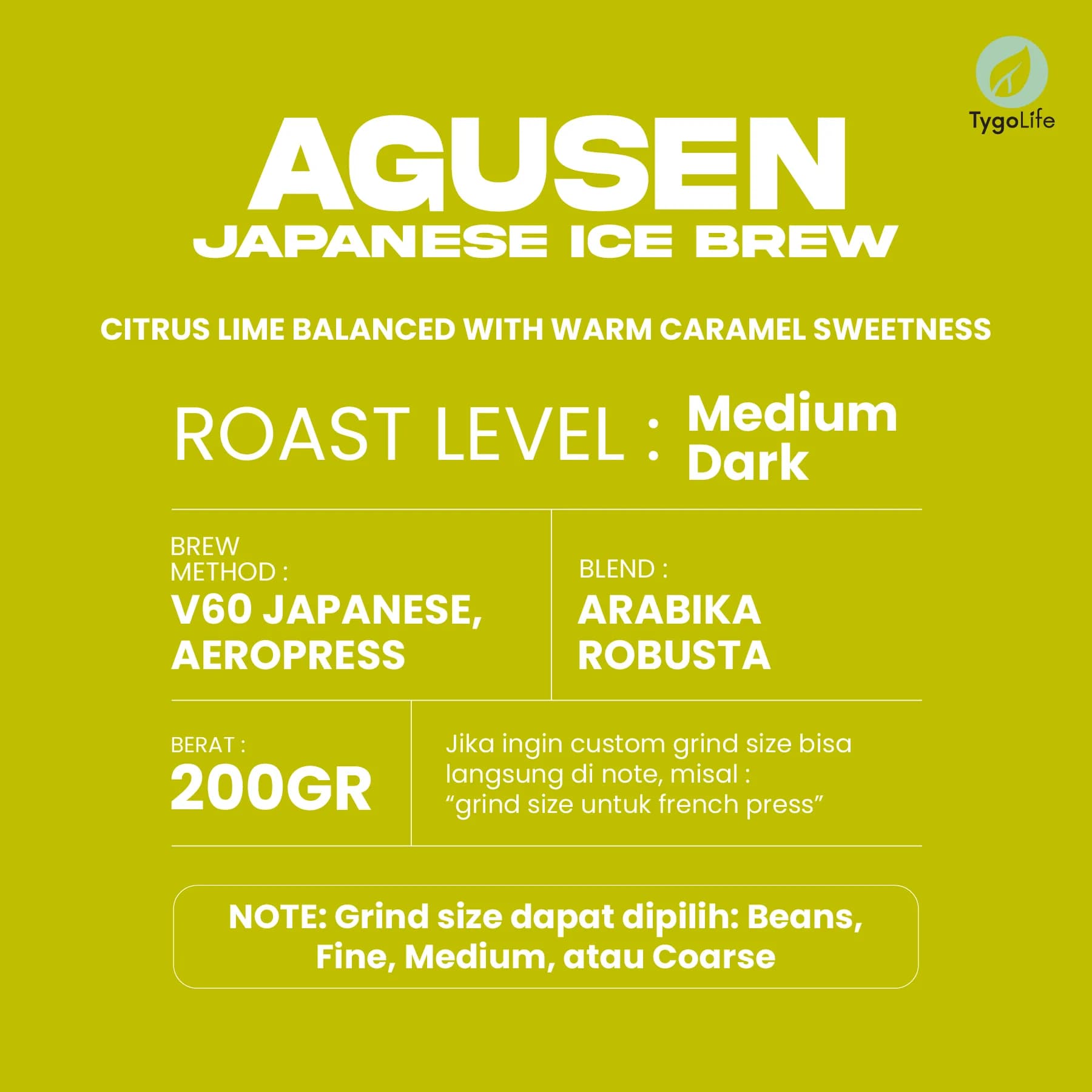 TYGO BEANS AGUSEN BIJI KOPI 200GR ROBUSTA ARABIKA LOKAL