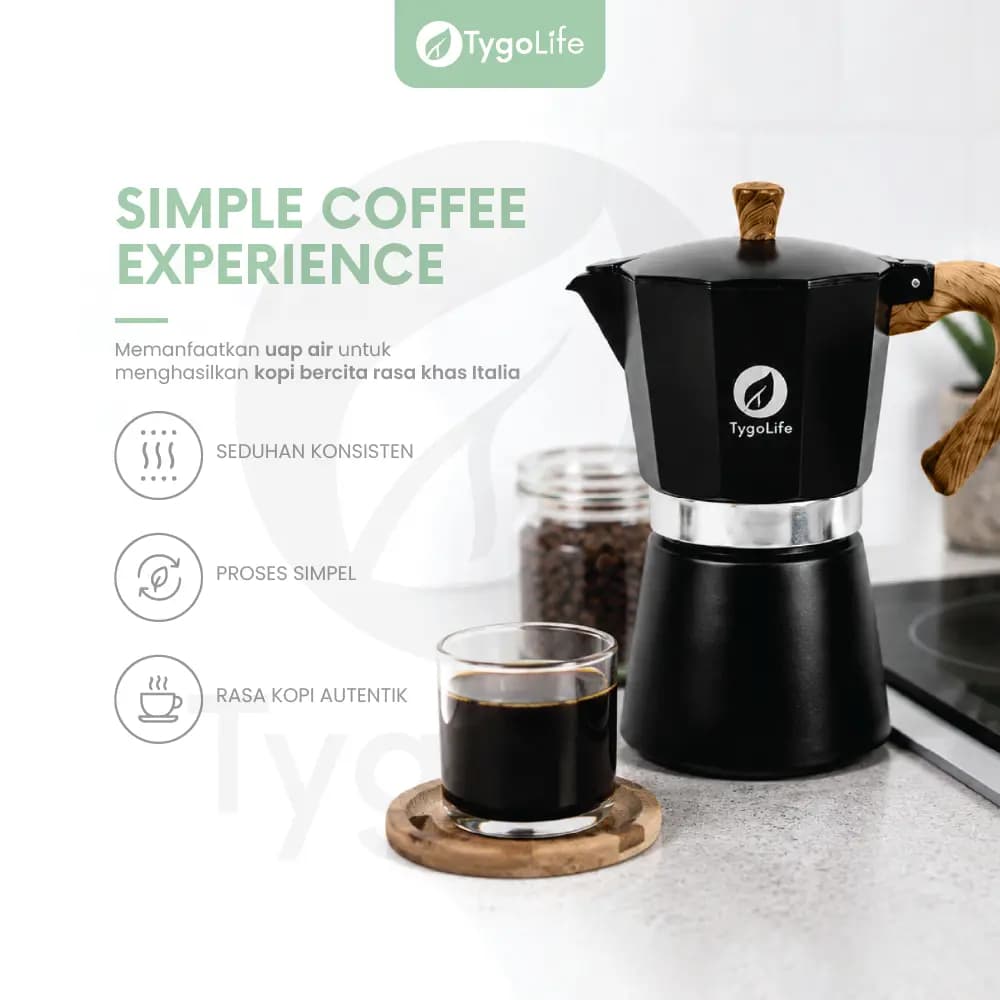 TYGO VOLCANO MOKA POT 6 CUP COFFEE ESPRESSO MAKER 300ML ALUMINIUM KAYU ALAT PEMBUAT KOPI MOKAPOT ITALIA PREMIUM