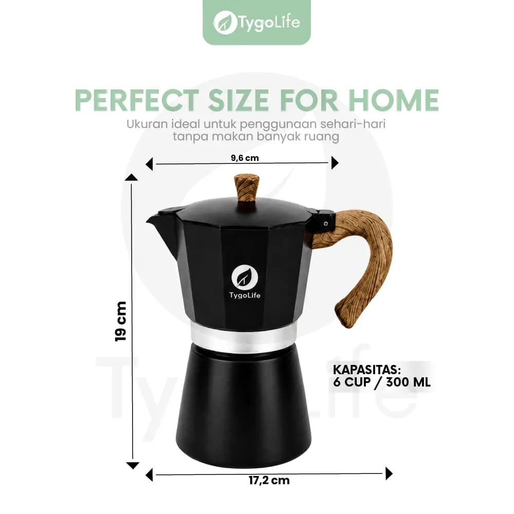 TYGO VOLCANO MOKA POT 6 CUP COFFEE ESPRESSO MAKER 300ML ALUMINIUM KAYU ALAT PEMBUAT KOPI MOKAPOT ITALIA PREMIUM