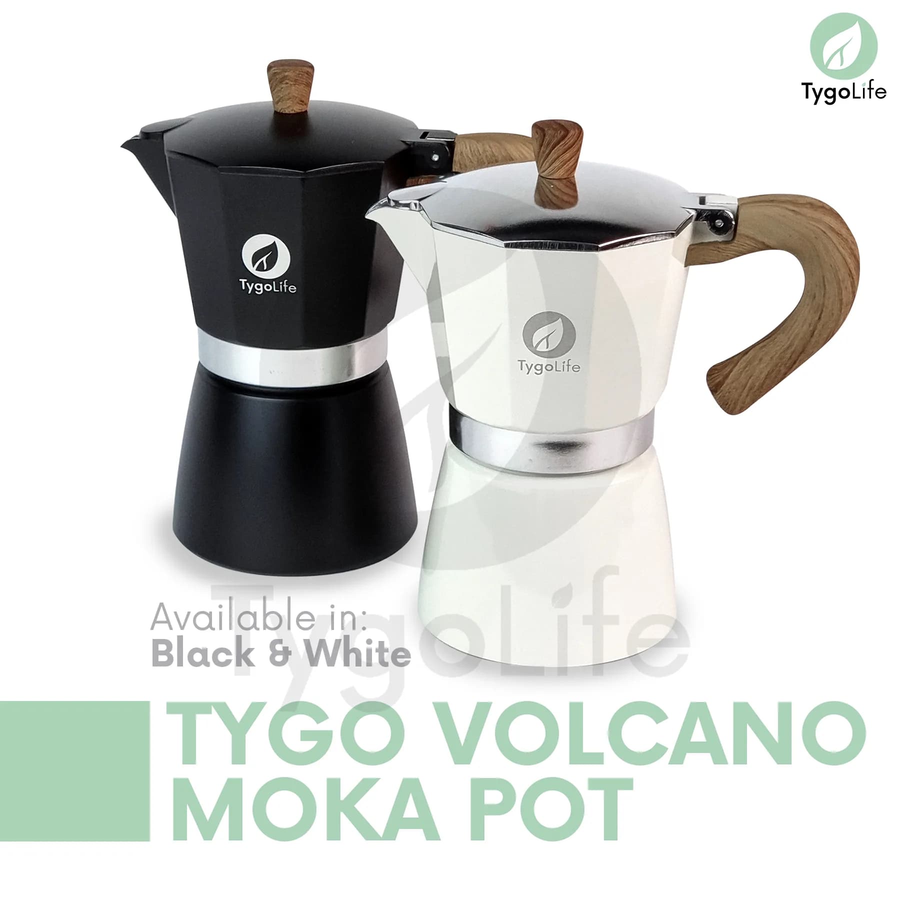 TYGO VOLCANO MOKA POT 6 CUP COFFEE ESPRESSO MAKER 300ML ALUMINIUM KAYU