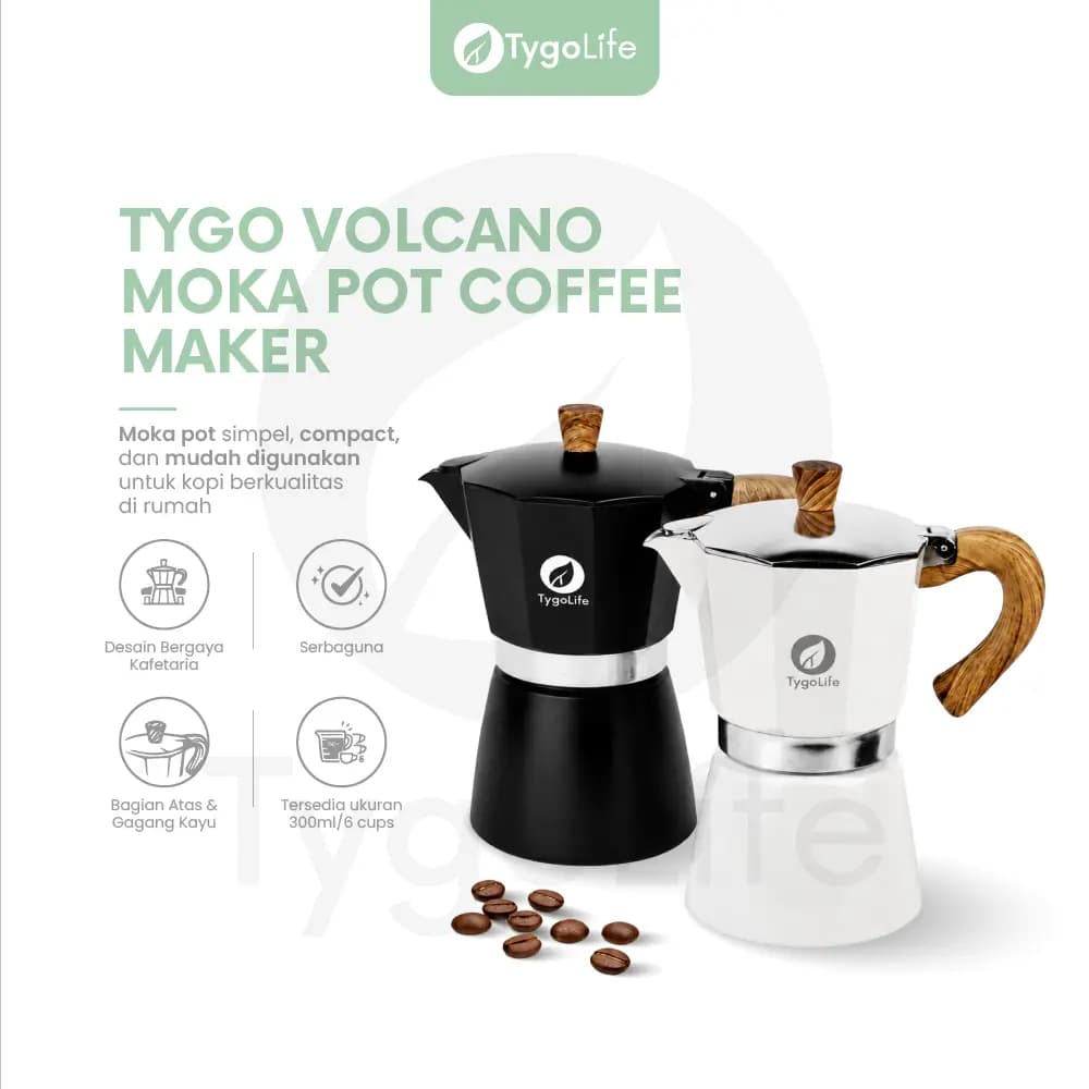 TYGO VOLCANO MOKA POT 6 CUP COFFEE ESPRESSO MAKER 300ML ALUMINIUM KAYU ALAT PEMBUAT KOPI MOKAPOT ITALIA PREMIUM