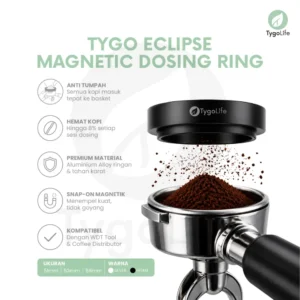 TYGO ECLIPSE DOSING RING MAGNET ESPRESSO MACHINE PORTAFILTER FUNNEL 51MM 53MM 58MM MAGNETIC CORONG KOPI SILVER BLACK ALUMINIUM ALUMINUM BY TYGO LIFE